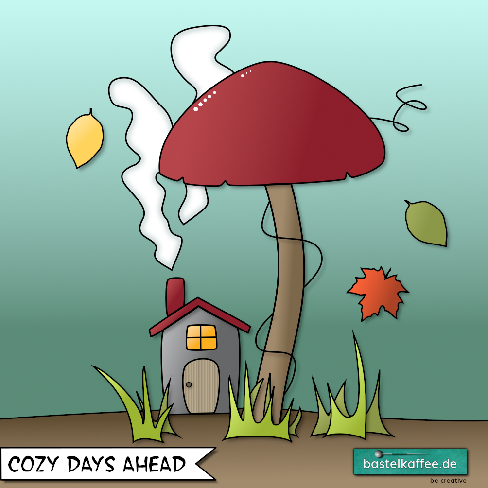 Eine bunte Illustration von einem kleinen Haus, aus dem Schornstein kommt Rauch, steht unter einem großen Pilz. Herbstblätter fallen. Es wird gemütlich.