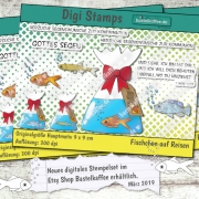 Digital Stamps "Fish on tour". A goldfish, a tilapia and a sunbleak in a bag with water. The bag is bind by a red ribbon. There is a tag hanging with a postage stamp and a postmark. Sayings: "Heartfelt blessings on your confirmation", "Heartfelt blessings on your first communion", "God bless you", "Behold, i am with you and will keep you wherever you go. Genesis 28, 15". By Bastelkaffee