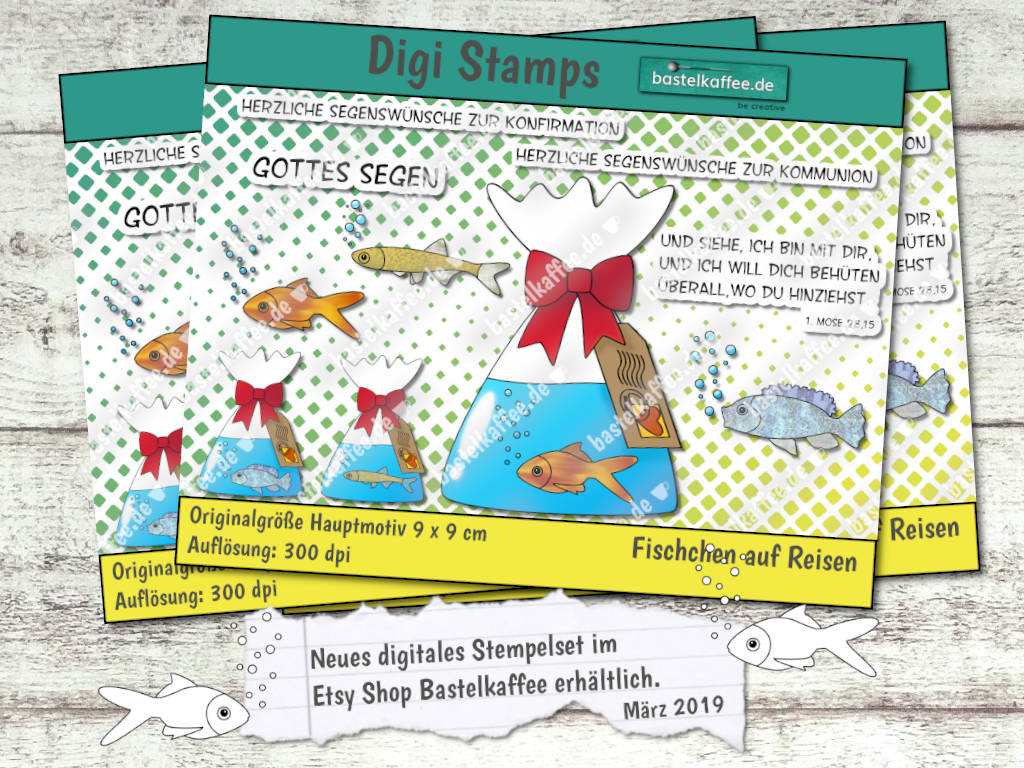 Digital Stamps "Fish on tour". A goldfish, a tilapia and a sunbleak in a bag with water. The bag is bind by a red ribbon. There is a tag hanging with a postage stamp and a postmark. Sayings: "Heartfelt blessings on your confirmation", "Heartfelt blessings on your first communion", "God bless you", "Behold, i am with you and will keep you wherever you go. Genesis 28, 15". By Bastelkaffee